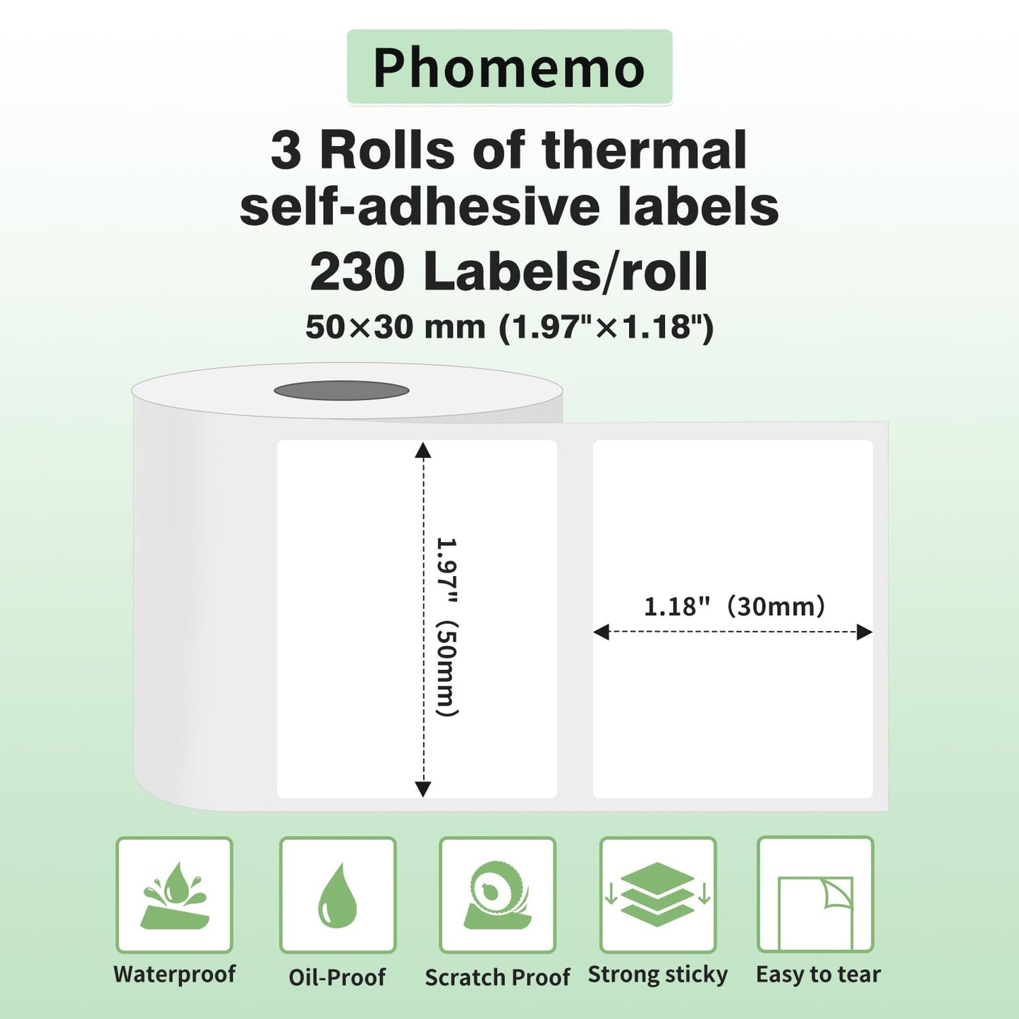 Phomemo thermal label paper, 3 rolls of multifunctional adhesive label, address label price tag, compatible with Phomemo M110 M200 Label Printer, 50x30mm, 230 Labels/Roll, 3 rolls total