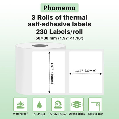 Phomemo 3 rolki papieru do etykiet M110, wielofunkcyjna, samoprzylepna etykieta, 50 x 30 mm, nadaje się do drukarki etykiet Phomemo M110, M200, M120, M220, M220, M221, 230 etykiet/rolka