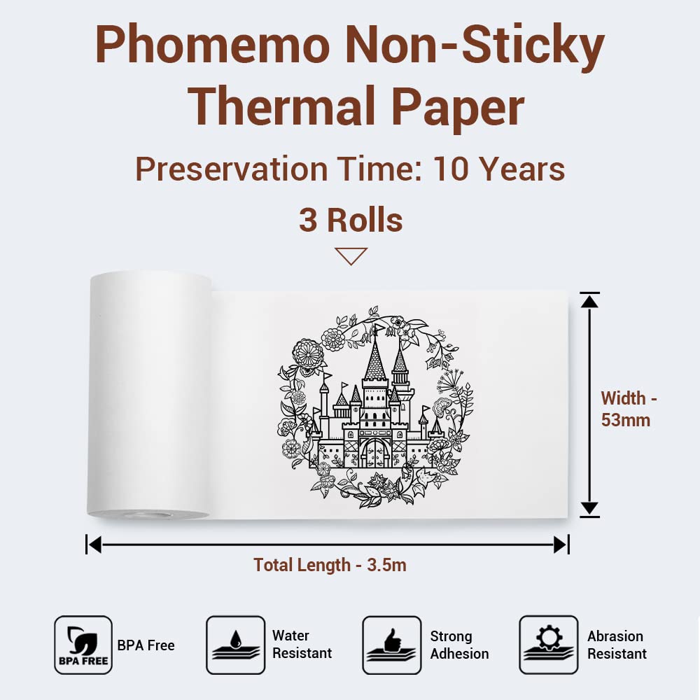 Phomemo 53 mm niet-klevend wit thermisch papier voor M02/M02S/M02Pro/M03/M03AS/M04S/M04AS-printers, 53 mm x 6,5 m, 10 jaar conservering, zwart op wit, voor stickers, dagboek, teksten, studienotities,