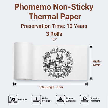 Phomemo 53 mm niet-klevend wit thermisch papier voor M02/M02S/M02Pro/M03/M03AS/M04S/M04AS-printers, 53 mm x 6,5 m, 10 jaar conservering, zwart op wit, voor stickers, dagboek, teksten, studienotities,