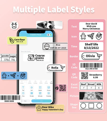 Phomemo Q31 Draagbare labelmachine, mini-labelmaker, bluetooth-labelprinter voor iOS en Android, etiketteringsapparaat, zelfklevende labelprinter, label Printer-met 1 rollabel (Roze)