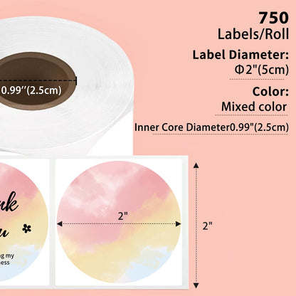 Phomemo 2 inch ronde gemengde kleuren etiketten, 750 etiketten/rol, compatibel met MUNBYN, Phomemo, Polono labelprinter, BPA-vrije verzendlabels, zelfklevende thermische etiketten voor logo, code