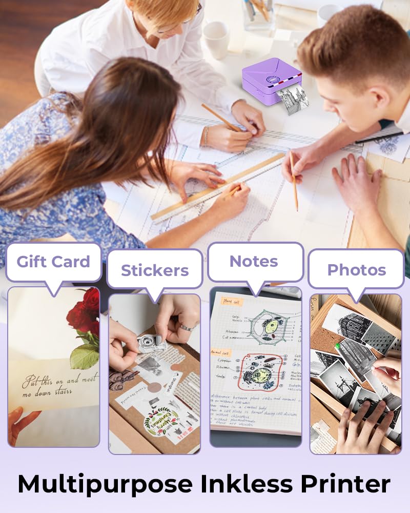 Phomemo Pocket Printer- 300dpi Bluetooth Inkless Mini Phone Printer- Note Printer for DIY Creation, Photo Printing, Study Notes, with Total 6 Rolls Paper, Purple