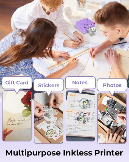 Phomemo Pocket Printer- 300dpi Bluetooth Inkless Mini Phone Printer- Note Printer for DIY Creation, Photo Printing, Study Notes, with Total 6 Rolls Paper, Purple