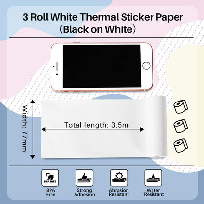 Phomemo Papier Thermique Autocollant 80mm (3 pouces) pour Imprimante Thermique Portable Phomemo M03, M03AS, M04S, M04AS, 80 mm x 3,5 m, 10 ans de Stockage, Trois Rouleaux par Bo?te