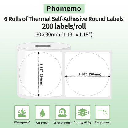 Phomemo 6 Rotoli Etichette rotonde Compatibile con le stampanti Phomemo M110 M120 M220 M221 M200 6 rotoli 1.18''x1.18'' (30x30mm) Etichette termiche autoadesive multifunzionali,200 etichette/rotolo