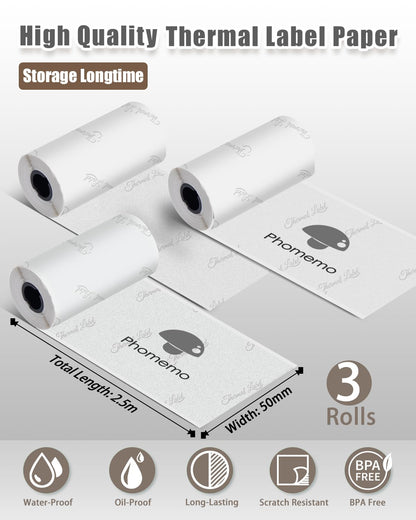 Phomemo Semi-Translucent Self-Adhesive Thermal Sticker Paper, Compatible With Phomemo M02/M02S/T02/M832 Thermal Printer, 50mm x 2.5m, 3 Rolls