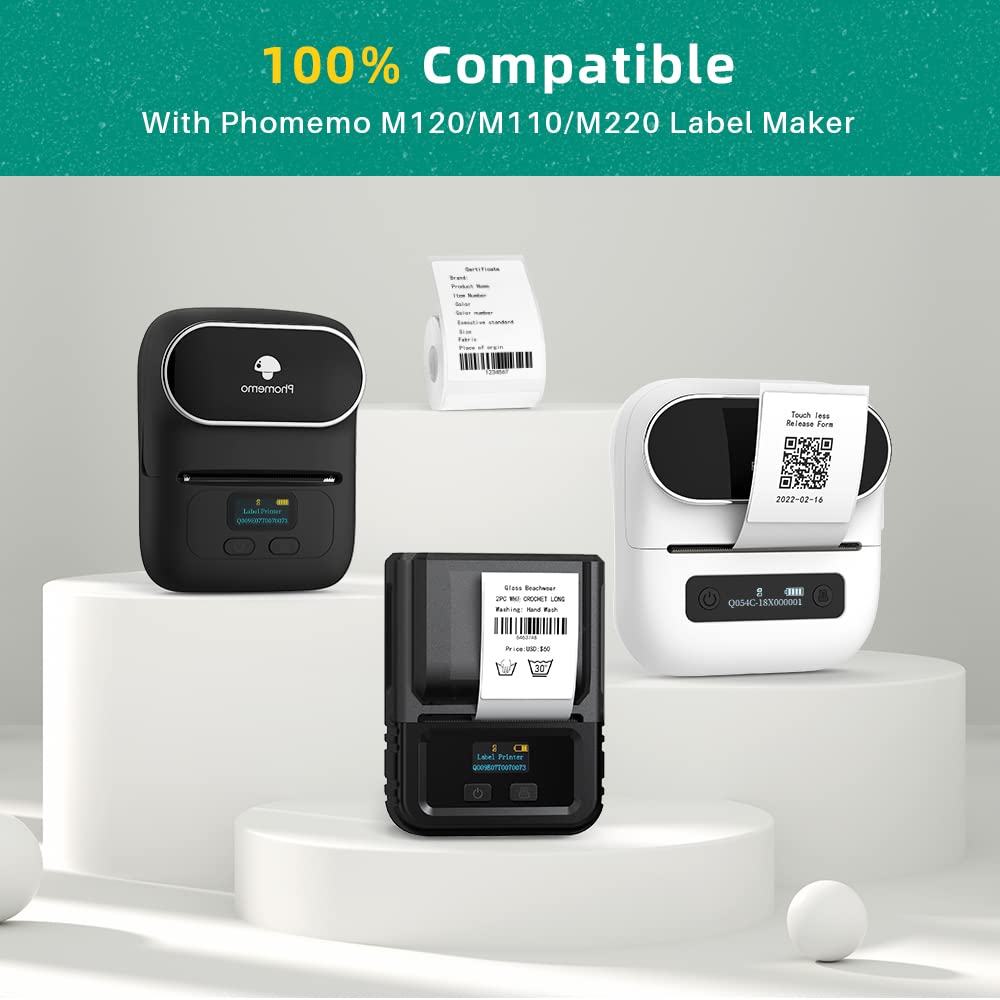 Phomemo 3 Rolls M120/M220/M110 Thermal Label Paper 1.57'' x 2.36'' (40x60mm), Square Self-Adhesive Barcode&Address Label,130 Labels/Roll, Black on White