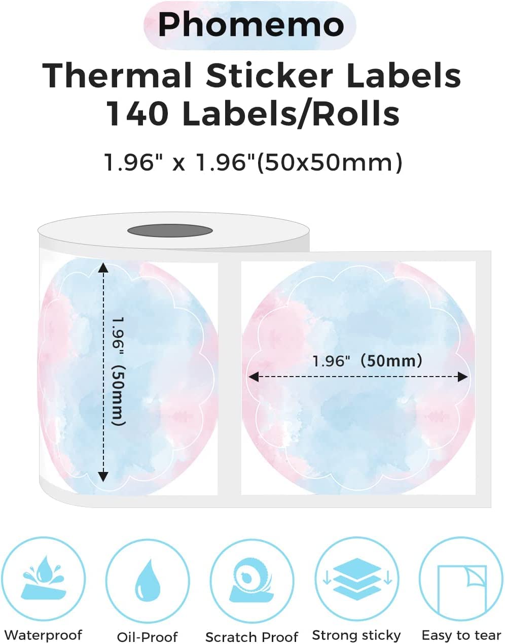 Phomemo Ronde etiketten voor thermische printers, M110/M110S/M120/M200/M220, 50 x 50 mm, thermisch rond kleurverlooplabel voor barcode/logo-labels, kleine handels/thuisgebruik, blauw