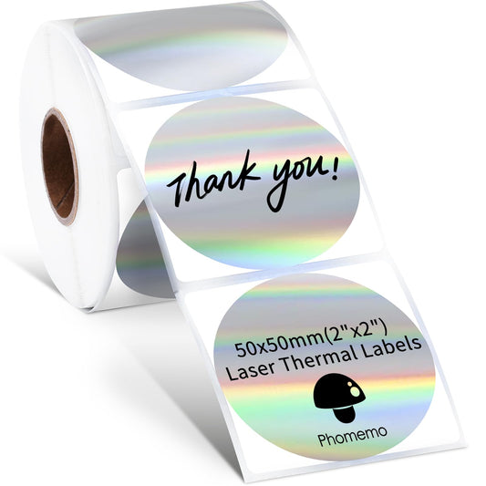Phomemo Ronde Holografische Zilveren Thermische Etiketten 50x50mm,2inch Zelfklevende Stickers,Voor DIY Bedankt,Embleem,Code,enz,Compatibel Met Printers Van Verschillende Merken(400 etiketten/rol)