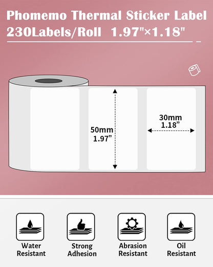 Phomemo Thermal Sticker Label for M110/M221/M220/M120/M200/M110S Label Printer,1.97''x1.18''(50x30mm), 230 Labels/Roll, Black on White