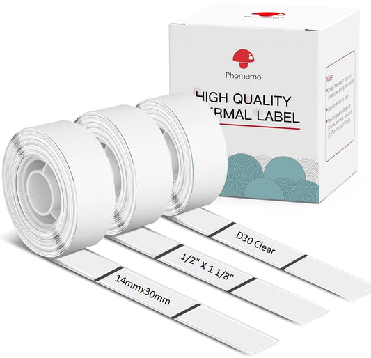 Phomemo Adhesive Clear Labels for D30 Portable Thermal Label Maker 1/2'' X 1 1/8'' (14mm X 30mm) 210 Labels/Roll, D30 Thermal Printing Label Paper, Black on Clear, 3 Roll