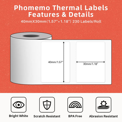 690 pcs M110/M220/M120/M200/M221 Thermal Paper 1.57'' x 1.18''(40x30mm), Phomemo Label Maker Tape, Multipurpose Barcode Labels, 230Labels/Roll, Black on White