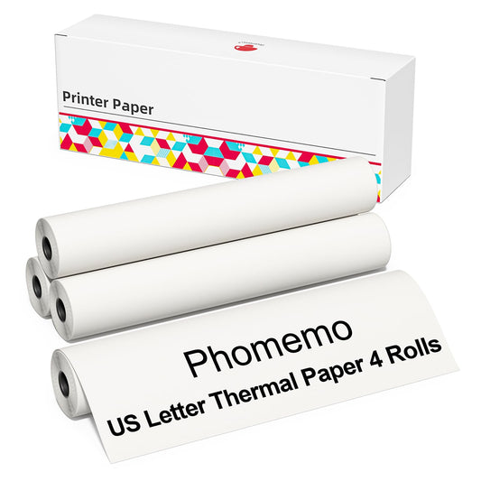 Phomemo Papier pour imprimante thermique, format lettre US, 4 rouleaux, 216 mm x 6,5 m (8,5'' x 256''), compatible avec l'imprimante portable A4 M832/M833/M834, pour voyage, maison, photo, facture