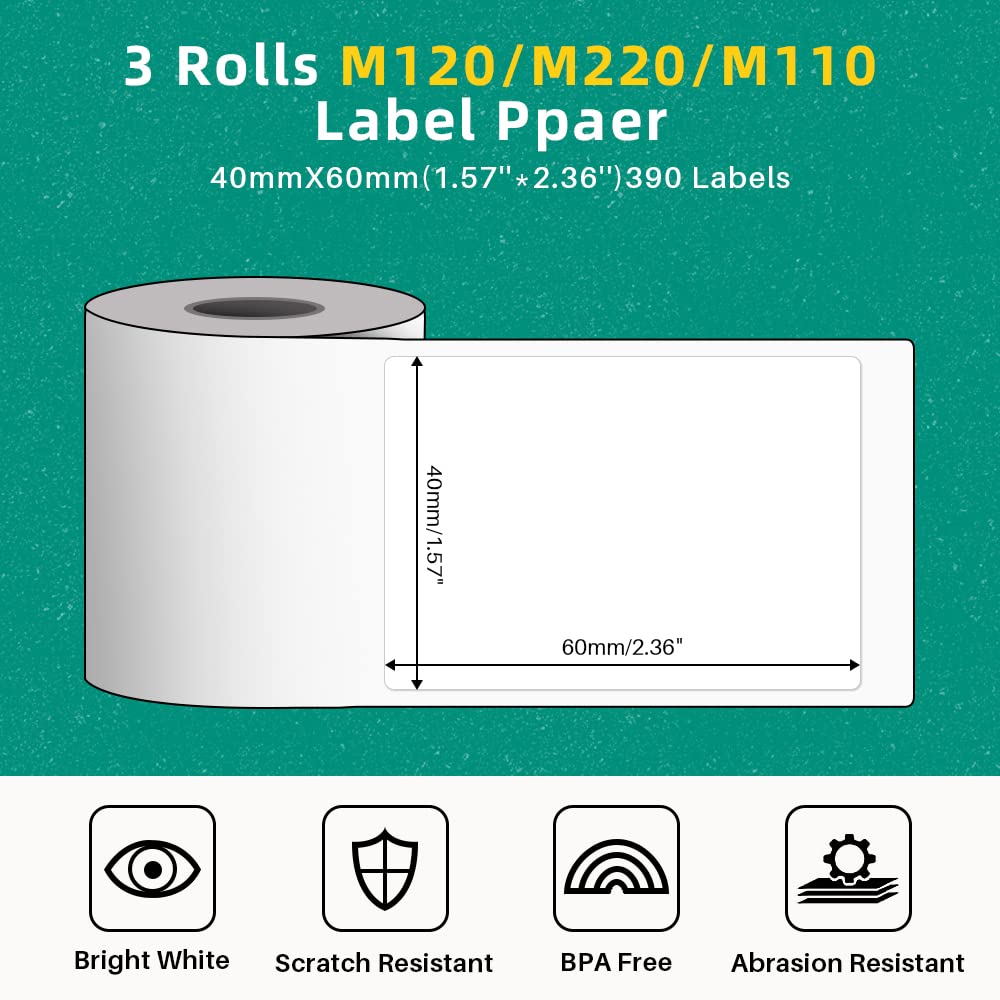 Phomemo 3 Rolls M120/M220/M110 Thermal Label Paper 1.57'' x 2.36'' (40x60mm), Square Self-Adhesive Barcode&Address Label,130 Labels/Roll, Black on White