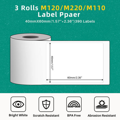 Phomemo 3 Rolls M120/M220/M110 Thermal Label Paper 1.57'' x 2.36'' (40x60mm), Square Self-Adhesive Barcode&Address Label,130 Labels/Roll, Black on White