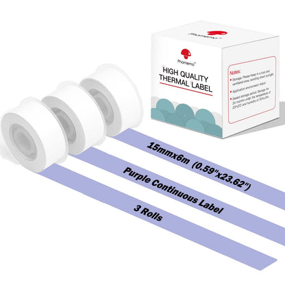 Phomemo D30 Continuous Adhesive Thermal Label Sticker Label 15mmx6m, 3roll, Purple, Waterproof, Oilproof, Used for Kitchen Marking, File Classification, Gift label or DIY label