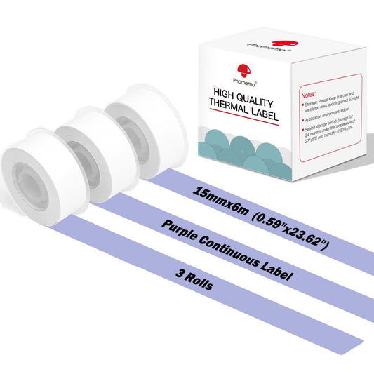 Phomemo D30 Continuous Adhesive Thermal Label Sticker Label 15mmx6m, 3roll, Purple, Waterproof, Oilproof, Used for Kitchen Marking, File Classification, Gift label or DIY label