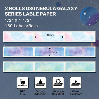 Phomemo D30 Adhesive Nebula/Galaxy Series Pattern Paper 1/2'' X 1 1/2'' (12mm X 40mm) 160 Labels/Roll, 3 Roll, for Christmas Home Office School Organization, Gift, Compatible with D30 Label Maker