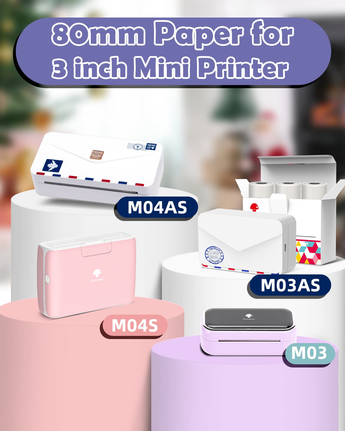 Phomemo Stickerpapier, 80 mm, zwart op wit papier voor Phomemo M03, M03AS, M04S, M04AS mini-thermische printer, 80 x 3,5 m, 2 jaar houdbaarheid, drie rollen per doos