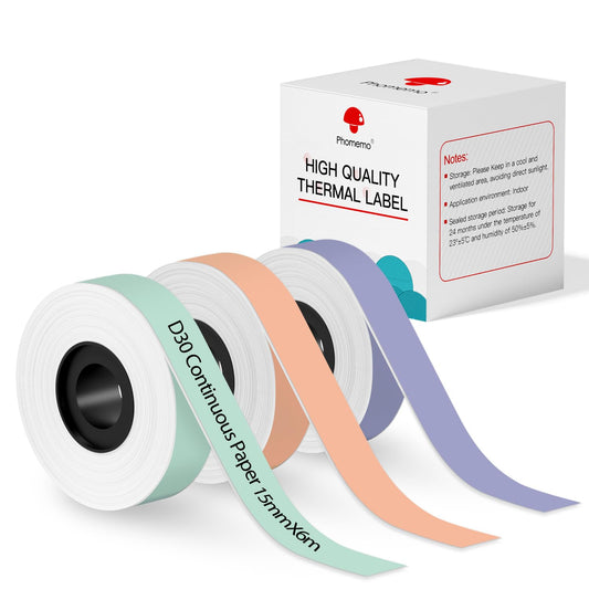 Phomemo D30 Continuous Color Label Paper 0.59''*23.62'' (15mm X 6m), Black on Mint Green, Light Orange, Lavender Purple, Compatible for D30 D35 Q30 Label Maker, Thermal Printing Inkless & Clean