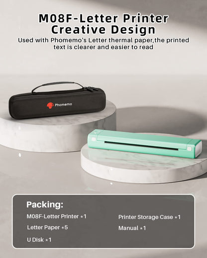 Phomemo Portable Printer Wireless for Travel, M08F Wireless Thermal Printer, Bluetooth Inkless Printer Support 8.5'' x 11'' US Letter, Mobile Printer Compatible with Android/iOS Phone & Laptop