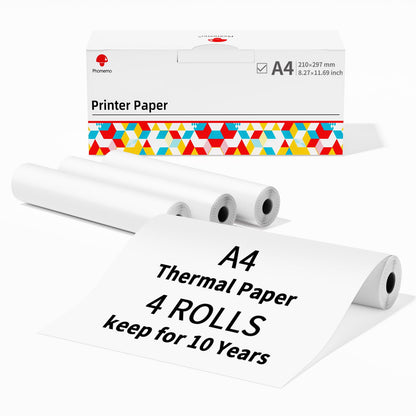 Phomemo A4 Thermal Paper, M832 Printer Paper, 8.27''x11.69'', Quick-Dry Continuous Thermal Paper, Compatible with M08F/M832/M834 MT810 and Other Portable Printer, Documents, Study Notes, 4 Rolls