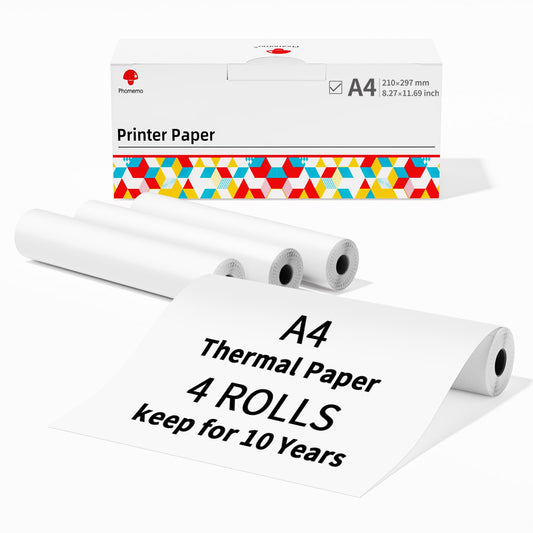 Phomemo A4 Thermal Paper, M832 Printer Paper, 8.27''x11.69'', Quick-Dry Continuous Thermal Paper, Compatible with M08F/M832/M834 MT810 and Other Portable Printer, Documents, Study Notes, 4 Rolls