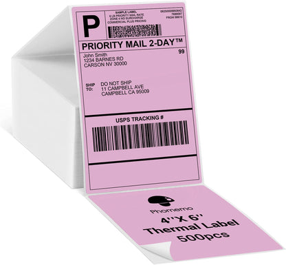 Phomemo 10x15 cm (4x6'') thermische printerlabel, thermisch direct verzendlabel, verpakkingslabel, compatibel met Rollo Dymo Phomemo en andere 4x6'' labelprinters, 500 4x6'' fanfold label, roze
