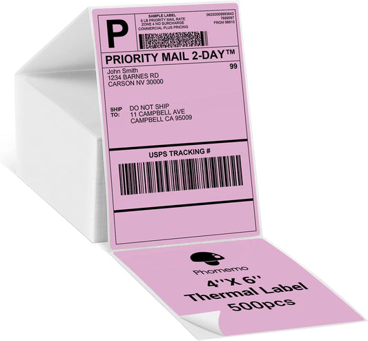 Phomemo 10x15 cm (4x6'') thermische printerlabel, thermisch direct verzendlabel, verpakkingslabel, compatibel met Rollo Dymo Phomemo en andere 4x6'' labelprinters, 500 4x6'' fanfold label, roze