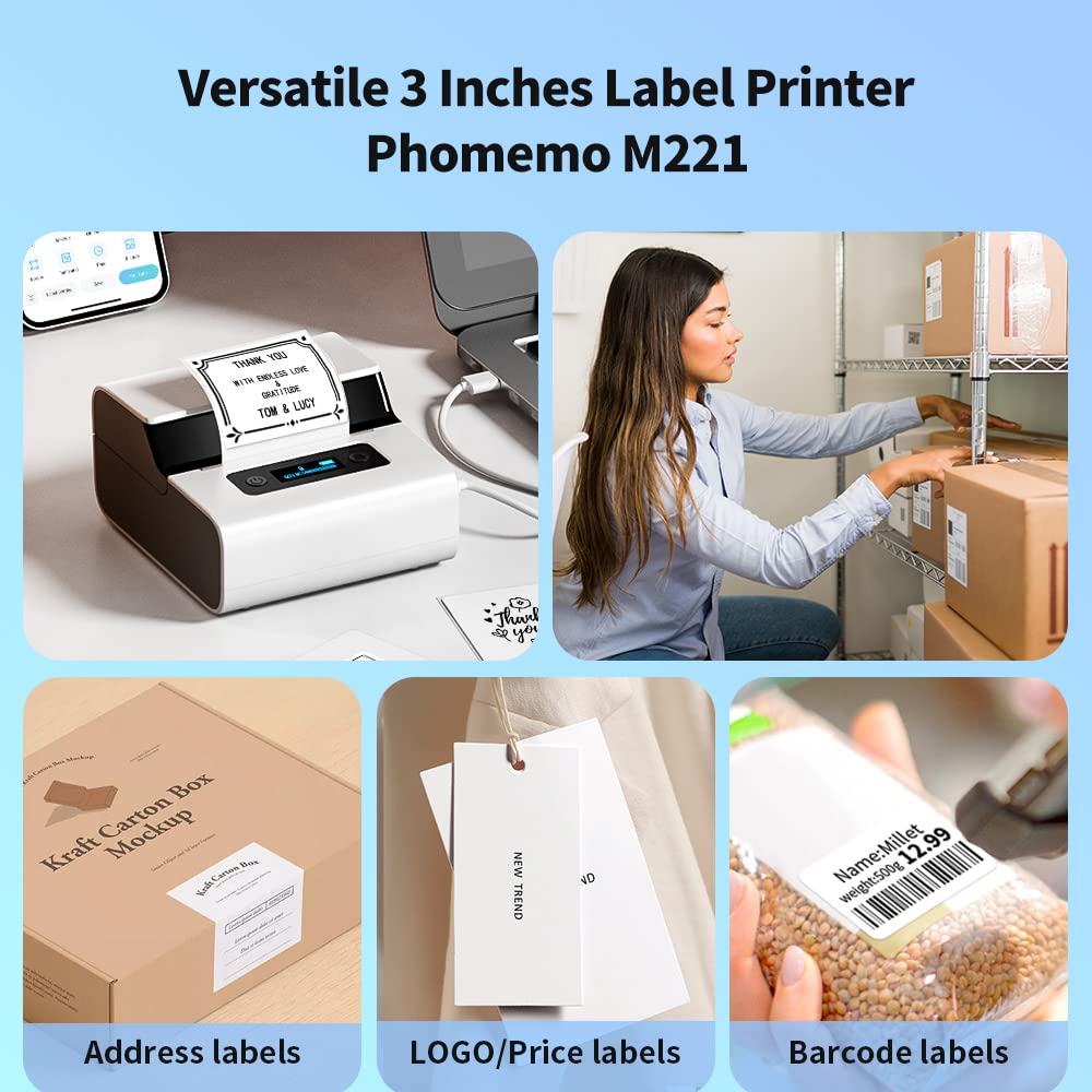 Phomemo M221 Label Maker - Portable Barcode Printer Bluetooth Thermal Label Printer, Label Maker For Business, Office, QR Code, Logos, Jewelry, Retailing, Compatible with Phones & PC System,White
