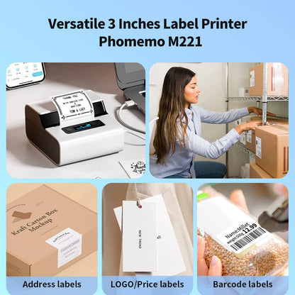 Phomemo M221 Label Maker - Portable Barcode Printer Bluetooth Thermal Label Printer, Label Maker For Business, Office, QR Code, Logos, Jewelry, Retailing, Compatible with Phones & PC System,White