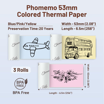 Phomemo Papier thermique couleur 53 mm pour mini imprimante de poche M02/M02S/M02Pro/M03/M03AS/M04S/M04AS, jaune/bleu/rose, 3 rouleaux de papier autocollant couleur autocollant, 53 mm x 6,5 m, 20 ans