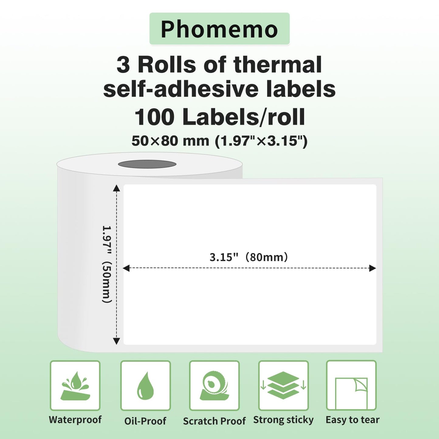 Phomemo - 3 rotoli di etichette termiche, multiuso, autoadesive, per stampante per etichette Phomemo M110/M200, 50 x 80 mm, 100 etichette/rotolo, 3 rotoli (etichette bianche)