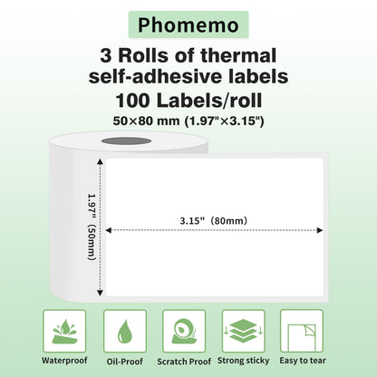 Phomemo - 3 rotoli di etichette termiche, multiuso, autoadesive, per stampante per etichette Phomemo M110/M200, 50 x 80 mm, 100 etichette/rotolo, 3 rotoli (etichette bianche)