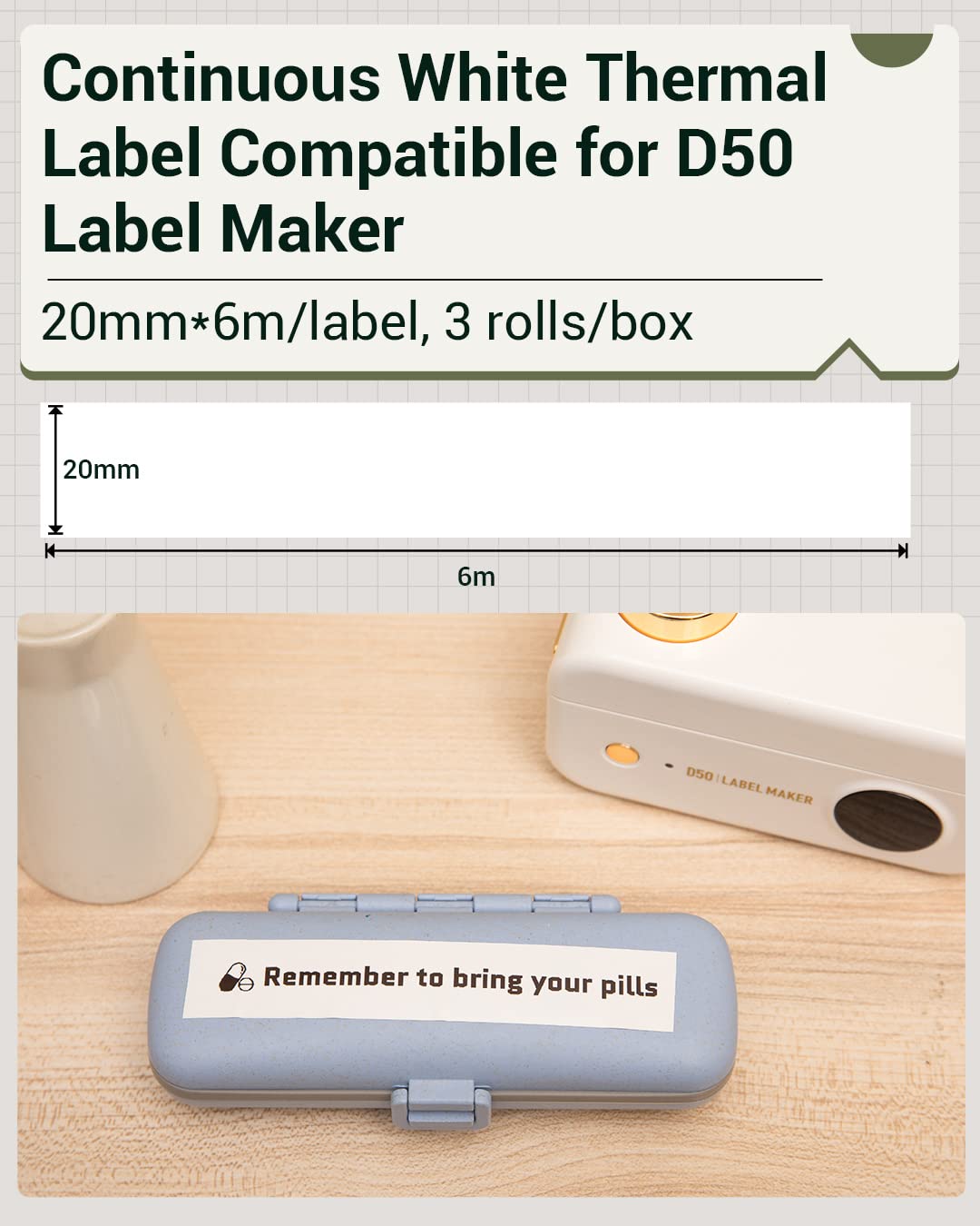 Phomemo White Adhesive Continuous Thermal Label Compatible with Phomemo D50 Label Maker, 20mm*6m, 3 Rolls, Waterproof, Oilproof,Abrasion Resistance