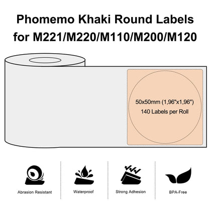 Phomemo Okrągłe, kolorowe etykiety samoprzylepne 50 x 50 mm, papier termiczny do drukarek etykiet Phomemo M110/M221/M200/M120/M220, 140 etykiet w rolce (khaki)