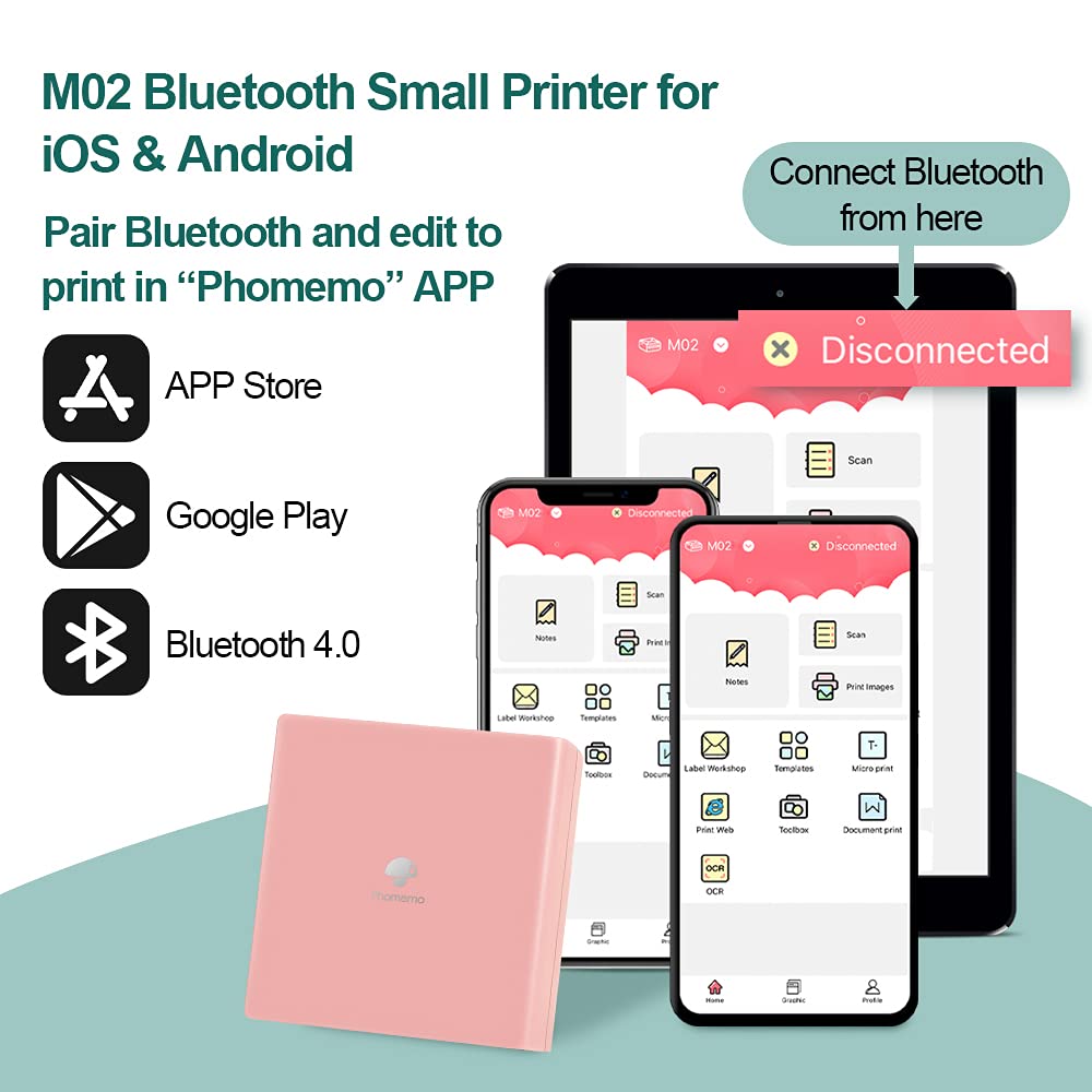 M02 Termal Yaz?c? 3 Rulo Ka??t Dahil Kompakt Kablosuz Cep Yaz?c?s? Seyahat Resepsiyonu Yaz?c?s? i?in Phomemo Android iPhone ve iPad ile uyumlu G¨¹nl¨¹k Plan, Pembe