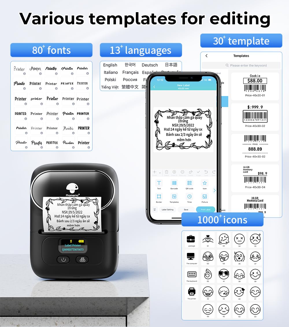 Phomemo Portable Bluetooth Label Maker, Label Maker Machine with Tape Compatible M110 for Barcode, Clothing, Retail, Mailing, Compatible with Android & iOS System Thermal Label Printer, Black