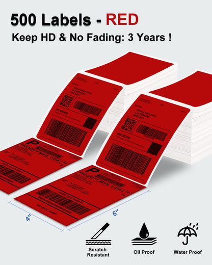 Phomemo 4x6 Thermal Label Printer Paper - 500 PCS Red 4''x6'' Fan-Fold Labels Shipping Supplies Labels - Water/Oilproof Label Stickers - Permanent Adhesive 4x6 Mailing Labels Paper for Thermal Printer