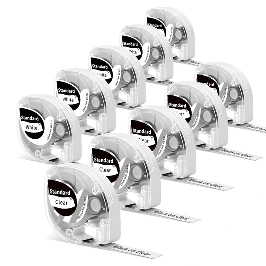 Lot de 10 rubans d'étiquettes Phomemo P12 - 12 mm x 4 m - Noir sur blanc - Noir sur transparent - Pour étiqueteuse Phomemo P12