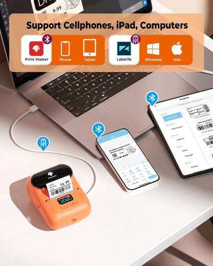 Phomemo M110 Impresora de Etiquetas,Juego de 3 Rollos de Etiquetas,Etiquetadora Autoadhesiva para Teléfono y PC,Impresora de Etiquetas Bluetooth,para el Hogar,La Oficina y la Pequeña Empresa(Naranja