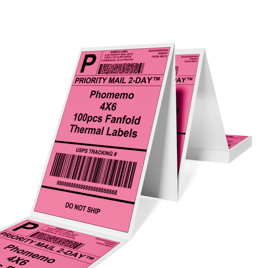 Phomemo 4''x6'' Direct Thermal Shipping Label, Pack of 100 4x6 Thermal Labels Fanfold - for Shipping Labels,Mailing,Address, Product Logo, Barcode Labels,Strong Adhesive (Rose)