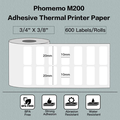 Phomemo Multi-Purpose White Self-Adhesive Label Paper for M200/M110/M220/M120/M221 Label Printer, 3/4'' X 3/8''(20x10mm), 600 Labels/Roll