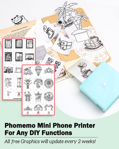 Phomemo Sticker Printer -M02 Mini Thermal Printer Bluetooth Sticker Maker with 3 Rolls Paper, for DIY Creation, Study Notes, Memo, Receipts, List, Work Plan, Gift, Cyan