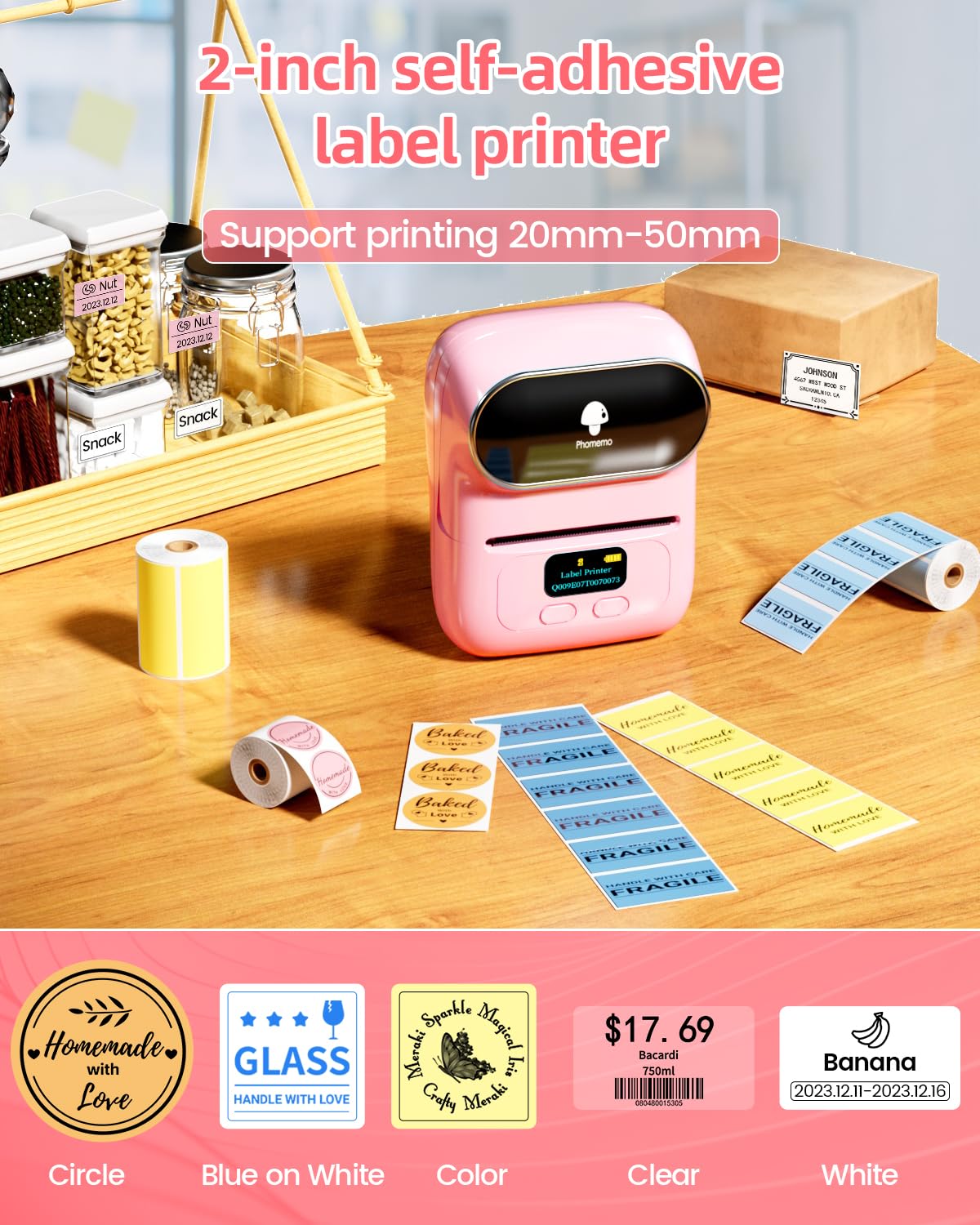 Phomemo -M110 Label Printer Portable Mini Bluetooth Thermal Label Manufacturer for Labelling, Office, Cable, Retail, Barcode and More, Compatible with Android and iOS Systems, Pink