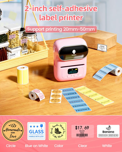 Phomemo -M110 Label Printer Portable Mini Bluetooth Thermal Label Manufacturer for Labelling, Office, Cable, Retail, Barcode and More, Compatible with Android and iOS Systems, Pink