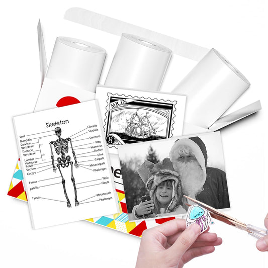 Papier für Sticker Drucker, Drucker Papier für Taschendrucker, Thermopapier für T02/Q02/M02X/M02L, 10 Jahre Nicht Klebrig Phomemo Papier, Schwarz auf Weiß Liene Fotodrucker Papier, 3 Rollen 53mm*6.5m