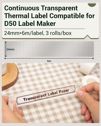 Phomemo Transparent Adhesive Continuous Thermal Label Compatible with Phomemo D50 Label Maker, 20mm*6m, 3 Rolls, Waterproof, Oilproof,Abrasion Resistance