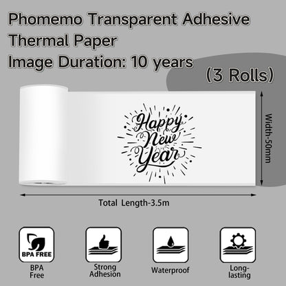 Phomemo Transparent Self-Adhesive Thermal Paper, Compatible with Phomemo T02/M832/M02/M02S/M04S Thermal Printer, 50mm x 3.5m, 3 Rolls